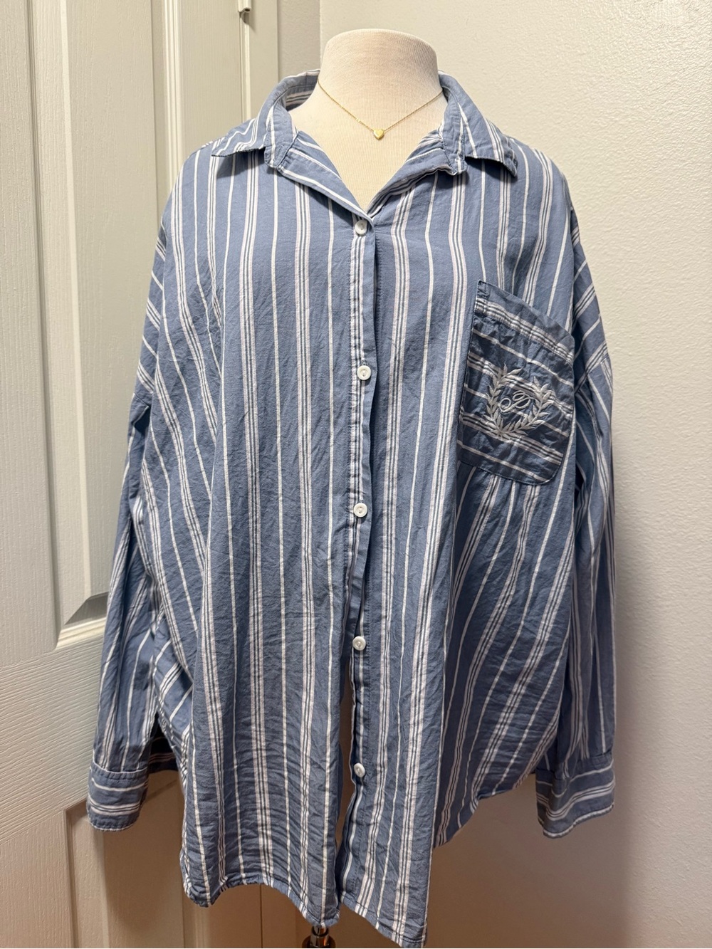 Victoria's Secret Blue and White Vertical Stripe Button-Down